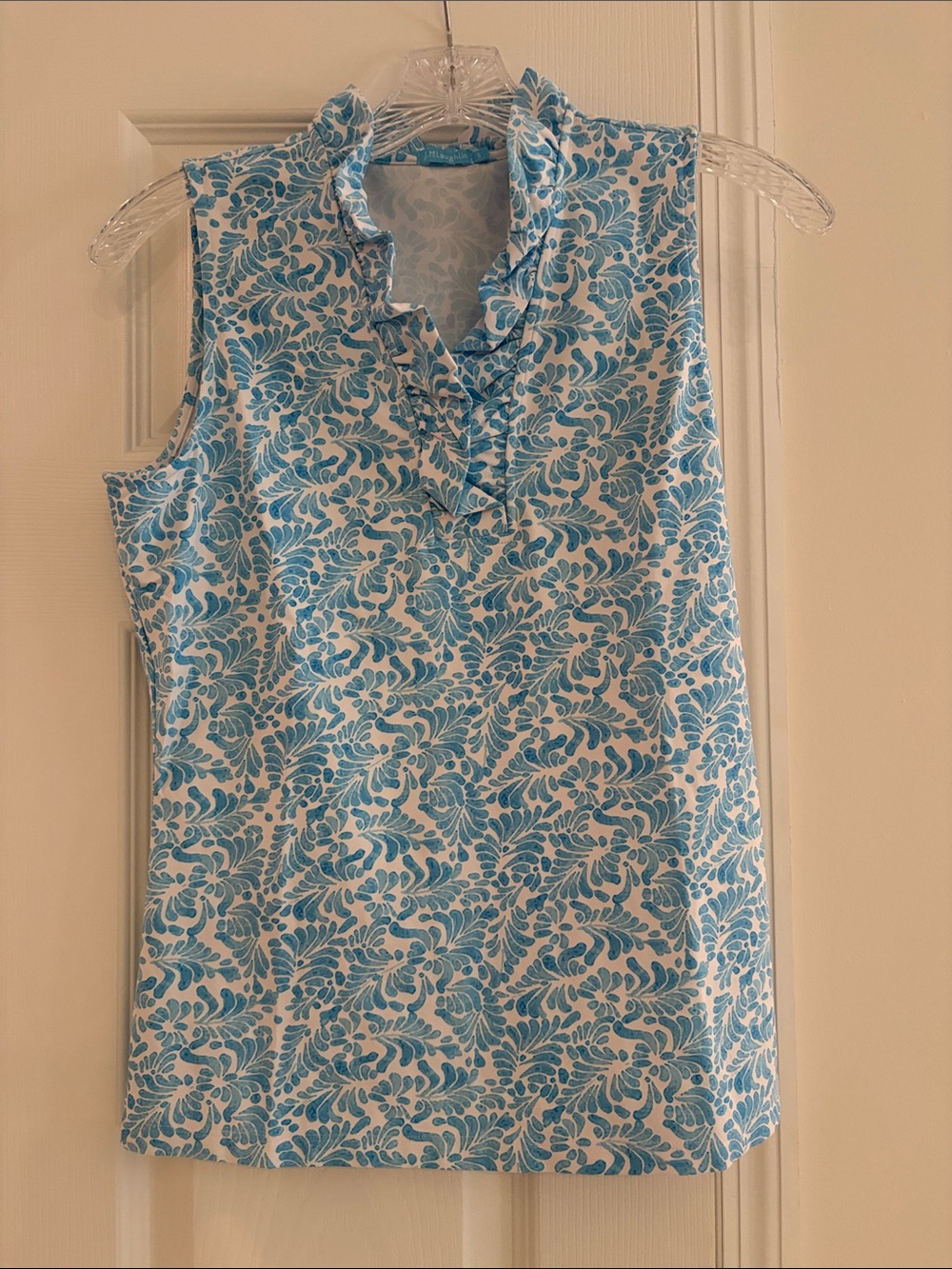 Sleeveless Ruffle V-Neck Blouse in Aqua Blue Leaf Print J McLaughlin